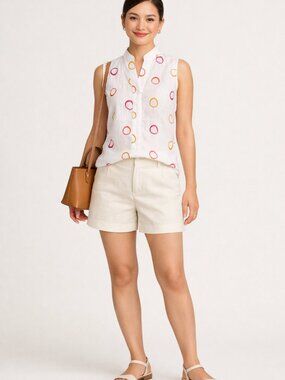 Tweeds Cream Linen Sleeveless Button Down Top with Colorful Embroidered Print Sm